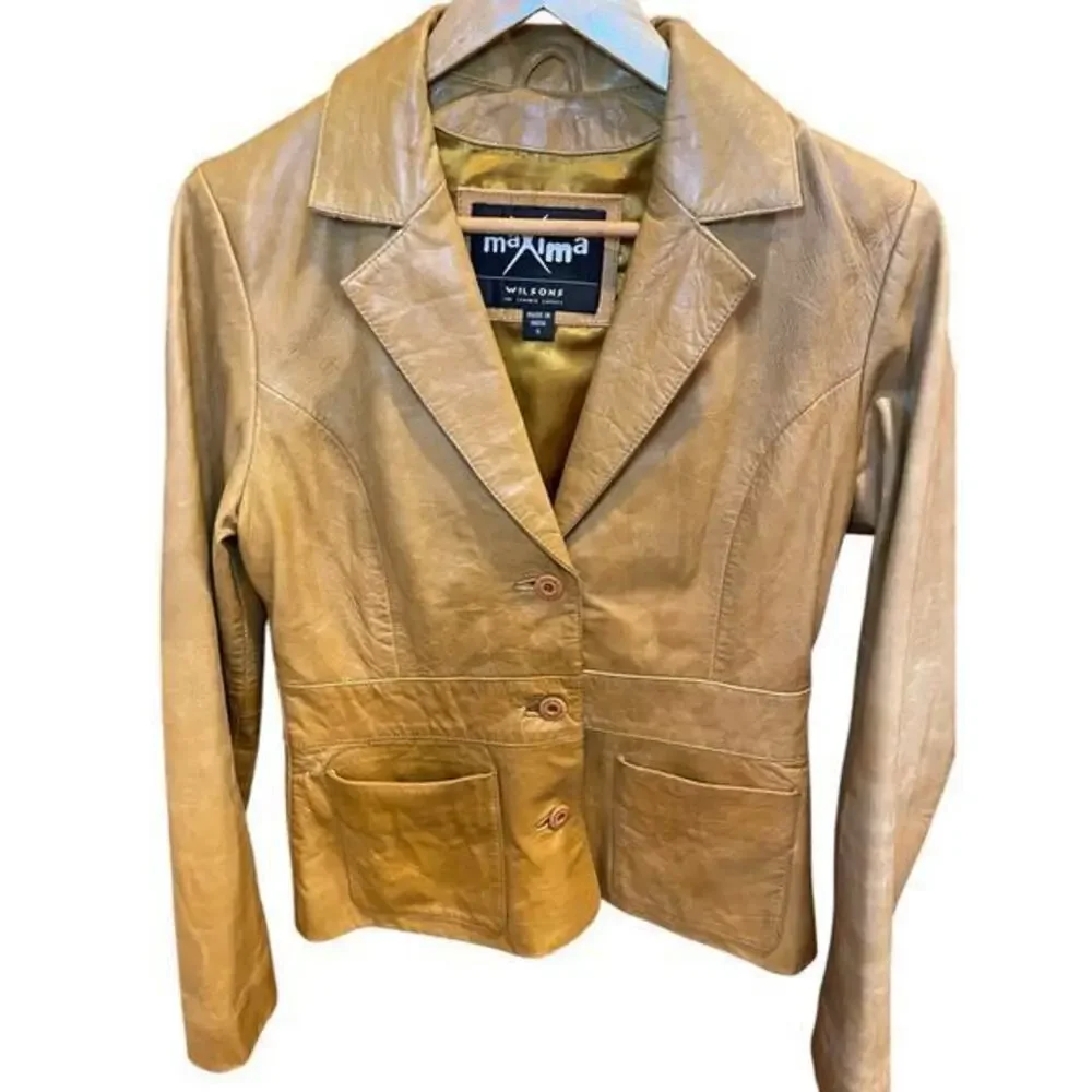 Vintage Wilson's Leather Maxima Camel Brown Button Biker Style Collared Jacket - Picture 4 of 16